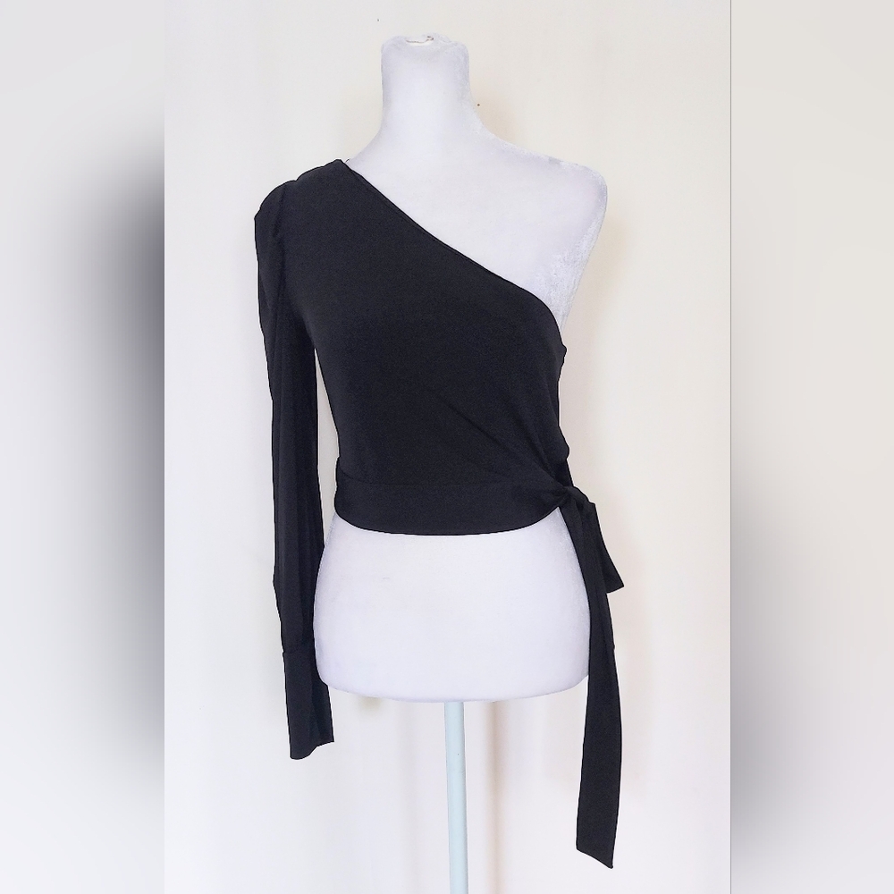 Topshop One Shoulder Balloon Sleeve Cropped Wrap Top Black Size 8
